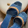 Zapatillas de diseñador Zapatos Sandalias para mujer Moda Denim Imprimir Patchwork Cuero de vaca Gatito Tacón Mocasines 35-41 6 cm Zapatilla de tacón alto Novedad