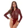 Kvinnors badkläder Kvinnor glänsande se genom mesh Leotard långärmad stativ krage främre zip-up högklippta bodysuit för badbadpool