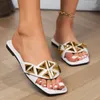 Flat bottom slippers for women 2024 new rivet decoration square head fashionable one line casual large size sandals