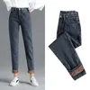 Jeans Femme Femmes Bleu Plus Velours Automne Et Hiver Chaud Casual Denim Pantalon Dames Mode Taille Haute Bouton Épais Pantalon Droit