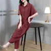 Women's Two Piece Pants 2024 Summer Solid Silk Short Sleeve Casual Fashion Harlan Loose Large Polo Neck Set