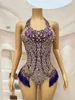 Stage Wear Flashing Silver Purple Fringes Rhinestones Leotard Evening Birthday Celebrate Bodysuit Costume Sleeveless Poshoot Outfit