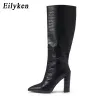 Boots Eilyken 2024 Новая мода кожаная кожа кожа колена сапоги Sexy Locted Toe квадратные каблуки.