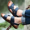 صندل Coslony Men Sandals Leather Luxury Designer Summer Open Toe 2023 Fashion Beach Shoes Slippers Summer Outdoor Sandlas for Men