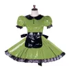 Sexy Crossdressing Sissy Lockable Dress Short Puff Sleeve PVC Black Lace Frill Mini Dress With Apron Faux Leather Costume