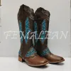 Boots FEMALEAN 2023 Women Brown Round Toe Calf Heels Leather Vintage Western Texana Cowboy Boots Ladies Shoes On Offer Free Shipping