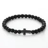 Strand 6mm Classical Matte Black Stones Beads Bracelets&Bangles Pave CZ Cross Bracelets For Women&Men Lovers Handmade Jewelry 2024