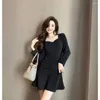 Casual Dresses Gagarich Women Autumn Winter 2024 Retro Temperament Square Neck Velvet Elegant Solid Slim Fishtail Lady Midi Vestidos