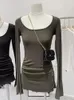 여자 T 셔츠 도매 광장 목이 긴 플레어 슬리브베이스 슬림 여성 주름 탑 2024 스프링 섹시한 단단한 셔츠