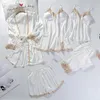 5 Pieces Pajamas Set Women Kimono Gown Satin Silk Sleepwear Casual Nightwear Intimate Lingerie With Lace Sexy Bathrobe Pyjamas 240309