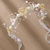 Hair Clips Flower Hairband Pearl Lace-up Tiaras Beauty Girls Wedding Accessories Vintage Marrige Headband With Ribbon Bridal Jewelry