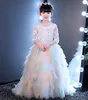 Belles couches de tulle arc-en-ciel train 3/4 à manches longues robe de fille de fleur robes de concours de fille robes d'anniversaire jupe de fille personnalisée SZ 2 4 6 8 10 12 D318002