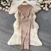 Casual Kleider Gestrickte Feste Elastische Dünne Kleid Rundhals Langarm Frauen Koreanische Mode Pullover Maxi Für Frauen 2024