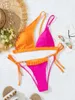 Women's Swimwear Sexy Color Block One Shoulder Rhinestone Ruffles Bikinis Sets Two Pieces Tie Thong Swimsuits Beachwear Bathing Suits