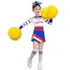 Lange Ärmel Blau Mädchen Cheerleading Kostüm Uniform Kinder Frauen Cheerleader Tanz Outfit Rundhalsausschnitt Patchwork Stil Pompons 240305