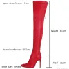 Boots Black Red Matte Long Boots for Women Sexy OvertheKnee Side Zipper Pointed Toe Shoes Fashion Striped Thin Heels Ladies Boots