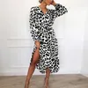 Casual Dresses Sexy V Neck Leopard Print Female Dress Elegance Clothing Long Sleeves Chiffon Belted Midi Vestidos