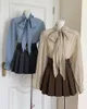 Damesblouses Blauw Vintage Franse vlinderdas Koreaans design met lange mouwen Sense Girl Beige Zwart High Street Formeel Casual overhemdtop