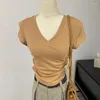 Magliette da donna all'ingrosso manica corta con scollo a V per le donne Slim Fit Top femminile 2024 estate top a pieghe laterali camicia di base solida