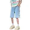 Men's Shorts Summer Cargo Denim Male Fashion Letter Pattern Loose Casual Knee Long Jeans Men Blue Baggy Short