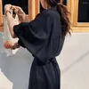 Casual Dresses Loose Cut Cute Pleated Dress Elegant Maxi With Lapel Collar Split Hem Women's Retro Commute For Spring