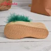 Flops Aphixta Furry Green Wedge Platform Slides Damesschoenen 9cm slippers slippers slippers hakken schoenen strand sandalen plus maat 43