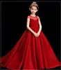 Artístico vermelho tule sem costas trem comprimento vestido da menina de flor vestidos de concurso da menina vestidos de festa/aniversário saia da menina personalizado SZ 2-12 D318013