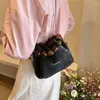 DrawString MBTI Elegant Womens Handbag Pink Pearl Small Leather Fashion Shoulder Bag 2024 Casual Exquisite Designer Female Bucket