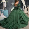 Flickaklänningar Emerald Green Pageant Long Puffy Sleeve Spets Flower Dress for Wedding Illusion Sheer Satin Bow Birthday Party Gowns