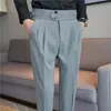 Britse stijl herfst nieuwe hoge taille broek heren riem ontwerp ultradunne set broek kantoor sociale bruiloft formele broek voor mannen 240318