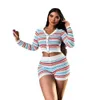 Mulheres Tracksuits Casual Colorido Listrado Malha Rib Curto Conjunto de Duas Peças Mulheres Sexy Queda Buraco Botão Crop Top Shorts Conjuntos de Correspondência Ou GG