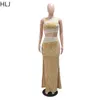 Arbetsklänningar HLJ Fashion Luxury Rhinestone High Silt Skinny kjolar Två stycken Set Women Round Neck Sleeveless Crop Top Party Clothing