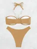 Kvinnors badkläder thong bikini 2024 Sexiga solida kvinnor pärltillbehör halter baddräkt set baddräkt strand slitage biquini