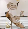 Rene Caovilla Low Heel Sandals Women Water Diamond Flower Decoration مصمم فاخر أحذية الأزياء غير الرسمية حفل زفاف