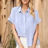 Frauenblusen Ladies Cotton Leinenhemd Short Sleeve Revers Button Shirts Damen Vintage Übergroße Bluse Feste Farbe langer Streetwear