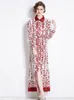 Tight Waist Slimming Maxi Dress With Belt For Women Summer Autumn Elegant Printed Cardigan Long Shirt Dress Floor Length Party Long Sleeve Vestido de mujer