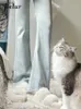여자 청바지 jielur 불규칙한 라이트 블루 가을 여성 청바지 패션 사무실 레이디 하이 허리 슬림 한 꽉 고관절 지퍼 간단한 여성 플레어 팬츠 C24318