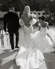 Berta Meerjungfrau Kleid für Braut trägerlosen, geschwollenen Ärmeln Fulllace Boho Brautkleider Brautkleider Sweep Zug Illusion Rückenloser Robe de Mariage