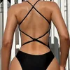 Damenbadebekleidung 2024 Großer rückenfreier einteiliger Badeanzug für Frauen Leopardenmuster 2-teiliger Bikini Einfarbiger schwarzer Hosenträger Slim Beach Monokini