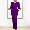 Plus Size Winter Fashion Solid Two Piece Set Women Sexy V-neck Long Sleeve Ruffle Top and Pants Elegant Two Piece Set 240318