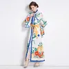 Fashion Flared Long Sleeve Women Maxi Dress With Belt Spring Autumn Stand Collar Floral Print Cardigan Dress Floor Length Party Vestidos