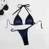 Swimwear féminin 2pcs / ensembles Femmes Sexy Bikini Set Leopard Imprimerie Halter Bra Faux Pearls Brief