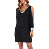 Casual Dresses Women Dress Kontrast Färg Stylskt paljett Mesh Mini för V Neck Off Shoule Patchwork Lady Pend med Shiny