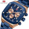 MINI FOCUS Orologio da uomo multifunzionale con cinturino in acciaio multifunzionale al quarzo impermeabile con guscio quadrato con diamanti alla moda 0414G