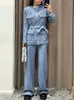 Kurtki damskie wiosna 2024 Kobiety niebieski tweed zestaw Lady Long Rleeve Single Bered Koronki w górę lub proste szerokie nogi spodnie
