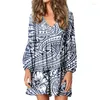 Casual Dresses Hycool Lady Polynesian Gradient Plumeria Print Large Size Dress Women Loose Lantern Sleeves V-Neck For Pregnant