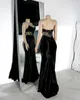 Stunning black mermaid prom dress for black women beads appliques evening dresses elegant strapless dresses for special occasions split illusion robe de soiree