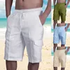 Herr shorts bomull linne sommaren avslappnad tunn bekväma multi fickor tether fitness träning strand fast färg lös