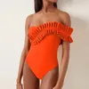 Dames Badmode Eendelig Badpak 2024 Sexy Solid Ruche Vrouwen Geel Badpak Strandkleding Backless Monokini