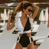 Damenbadebekleidung 2024 Sexy einteiliger Badeanzug Frauen Monokini Tropical Black Ruffe Backless Push Up Weiblicher Badeanzug Strandkleidung